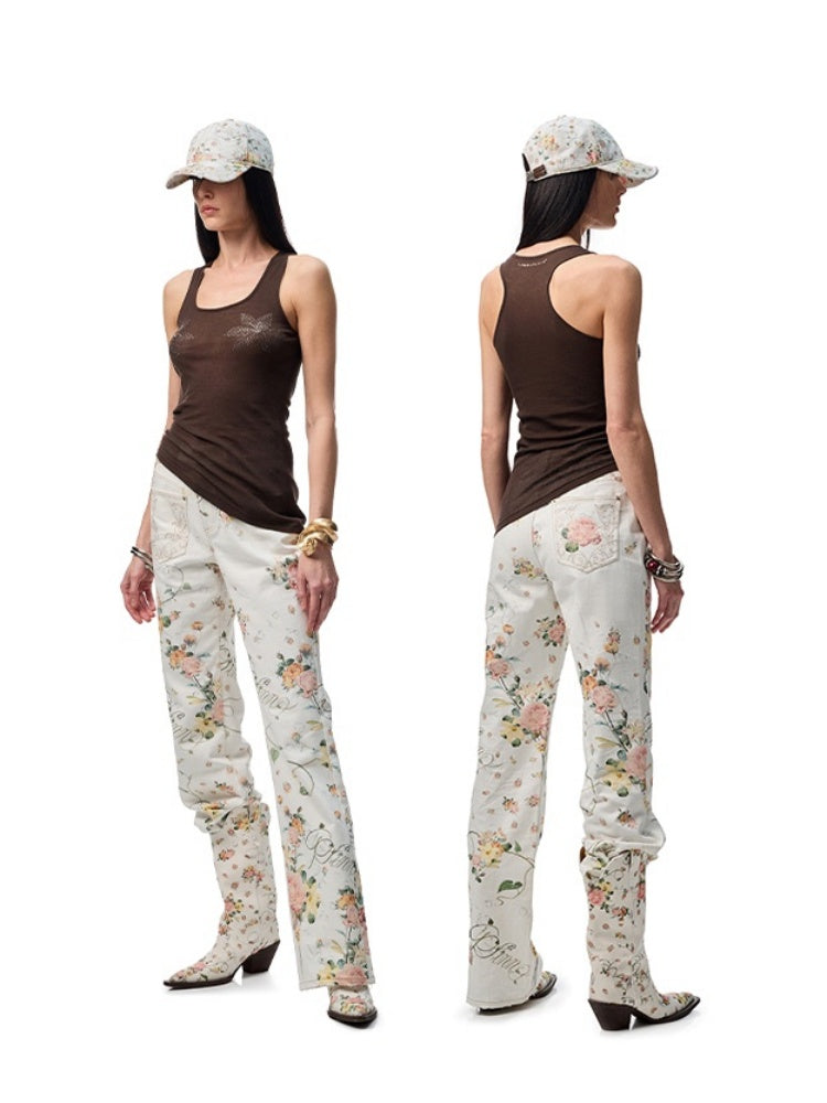 All Over Floral Print Canvas  Relaxed Straight Leg Casual Trousers【s0000012888】