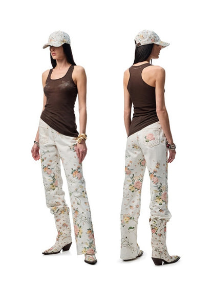 All Over Floral Print Canvas  Relaxed Straight Leg Casual Trousers【s0000012888】