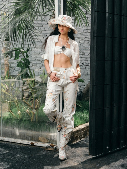 All Over Floral Print Canvas  Relaxed Straight Leg Casual Trousers【s0000012888】