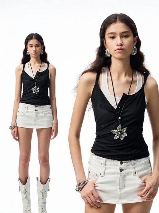 Double Layer Faux Two Piece Color Blocking Vest【s0000012898】
