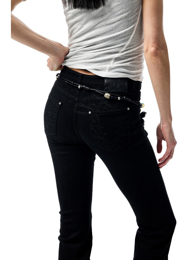 Embroidered Denim Skinny Flare Wash Low Rise Pants【s0000012899】