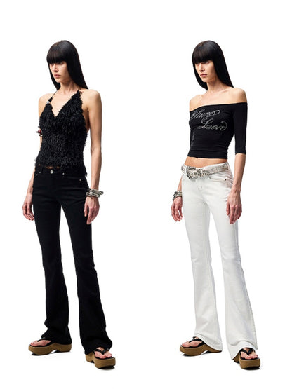 Embroidered Denim Skinny Flare Wash Low Rise Pants【s0000012899】