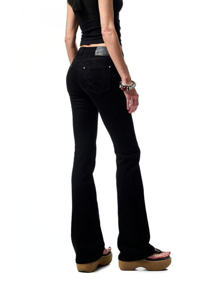 Embroidered Denim Skinny Flare Wash Low Rise Pants【s0000012899】