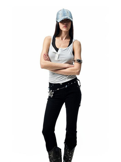 Embroidered Denim Skinny Flare Wash Low Rise Pants【s0000012899】