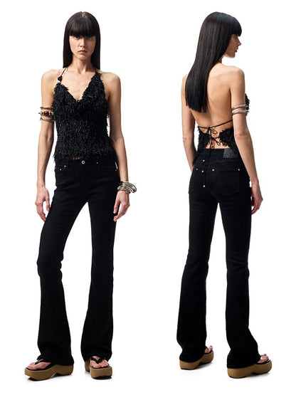 Embroidered Denim Skinny Flare Wash Low Rise Pants【s0000012899】