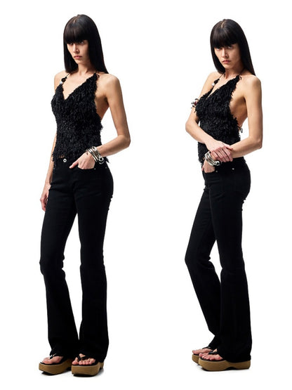 Embroidered Denim Skinny Flare Wash Low Rise Pants【s0000012899】