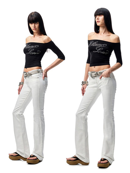 Embroidered Denim Skinny Flare Wash Low Rise Pants【s0000012899】