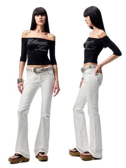 Embroidered Denim Skinny Flare Wash Low Rise Pants【s0000012899】