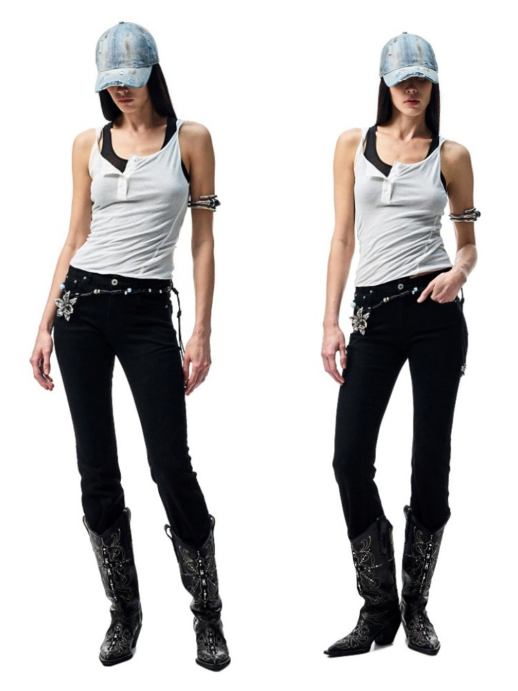 Embroidered Denim Skinny Flare Wash Low Rise Pants【s0000012899】