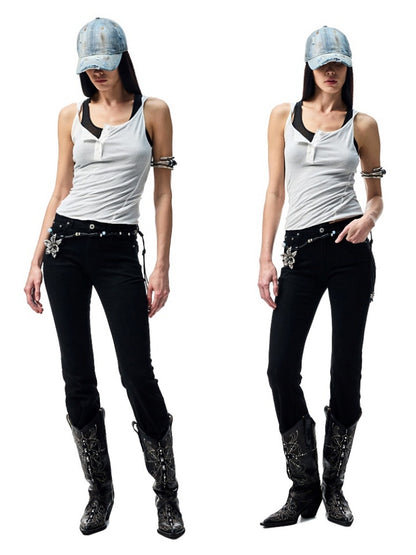 Embroidered Denim Skinny Flare Wash Low Rise Pants【s0000012899】