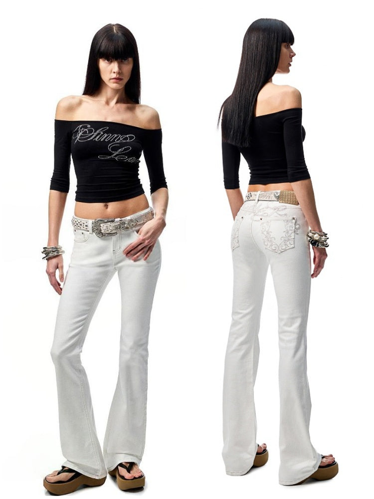 Embroidered Denim Skinny Flare Wash Low Rise Pants【s0000012899】