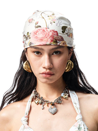 Vintage Floral Print Satin Square Scarf【s0000012889】