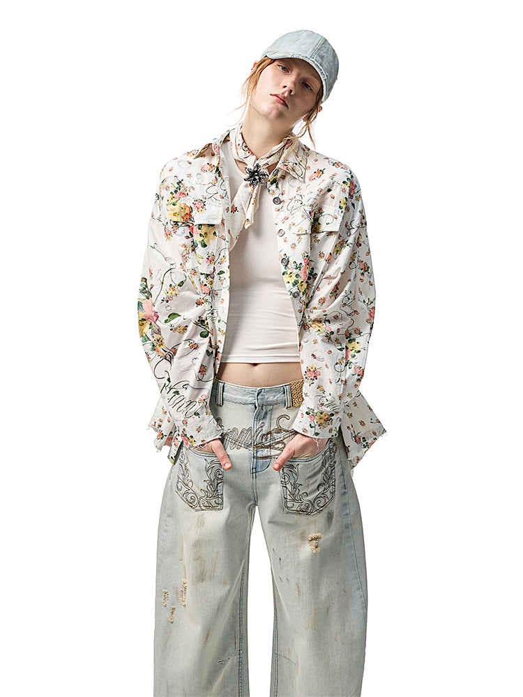 Vintage Floral Print Satin Square Scarf【s0000012889】