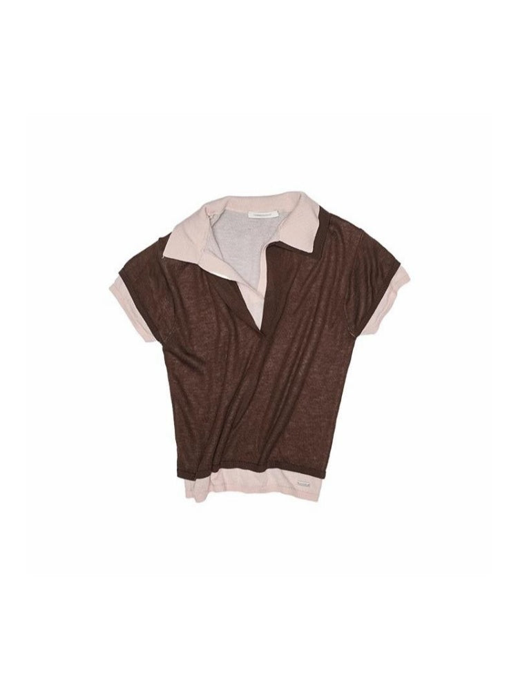 Color Blocking Faux Two Piece Knit Polo Shirt【s0000012900】
