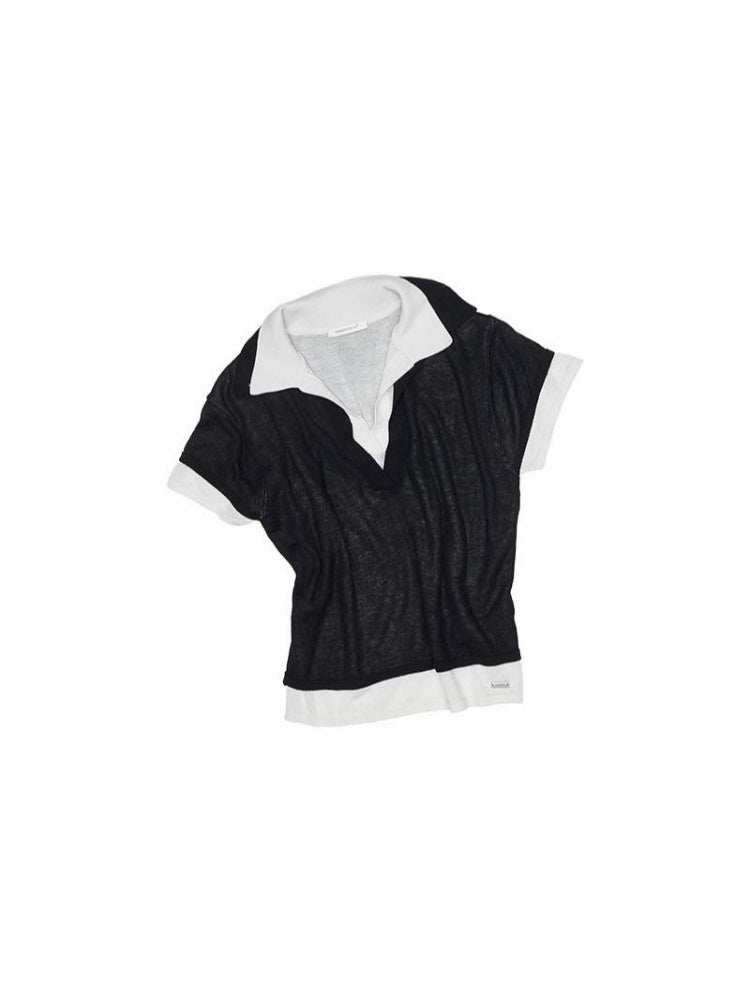 Color Blocking Faux Two Piece Knit Polo Shirt【s0000012900】