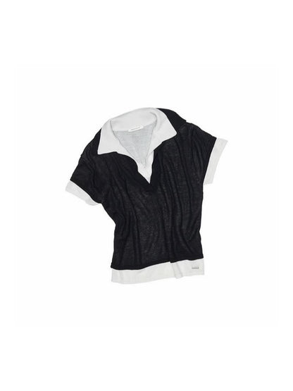 Color Blocking Faux Two Piece Knit Polo Shirt【s0000012900】