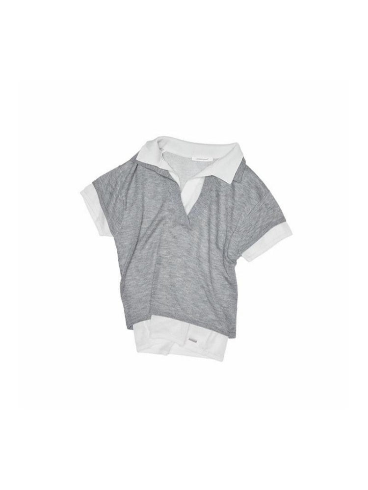 Color Blocking Faux Two Piece Knit Polo Shirt【s0000012900】