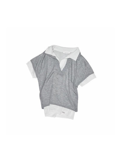 Color Blocking Faux Two Piece Knit Polo Shirt【s0000012900】