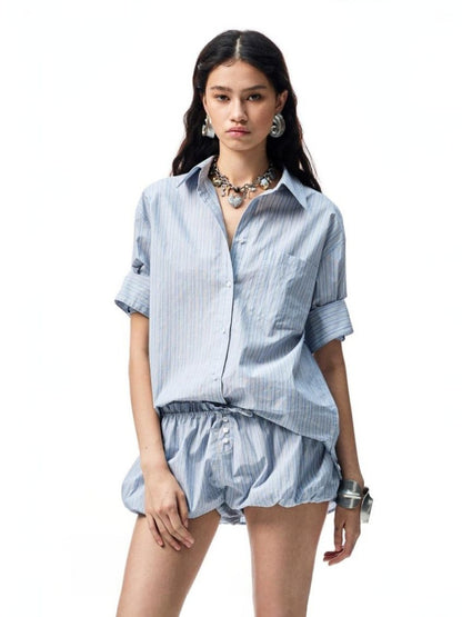 Middle Sleeve Loose Drop Shoulder Shirt/Bud Stripe Skirt【s0000012901】