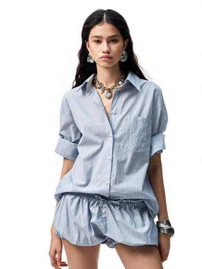 Middle Sleeve Loose Drop Shoulder Shirt/Bud Stripe Skirt【s0000012901】