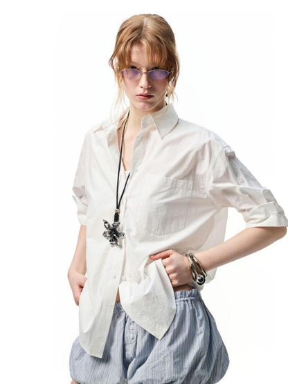 Middle Sleeve Loose Drop Shoulder Shirt/Bud Stripe Skirt【s0000012901】