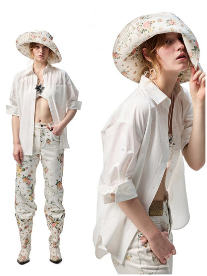 Middle Sleeve Loose Drop Shoulder Shirt/Bud Stripe Skirt【s0000012901】