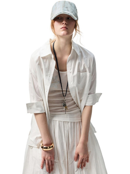 Middle Sleeve Loose Drop Shoulder Shirt/Bud Stripe Skirt【s0000012901】