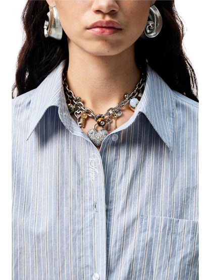 Middle Sleeve Loose Drop Shoulder Shirt/Bud Stripe Skirt【s0000012901】