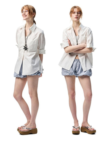 Middle Sleeve Loose Drop Shoulder Shirt/Bud Stripe Skirt【s0000012901】