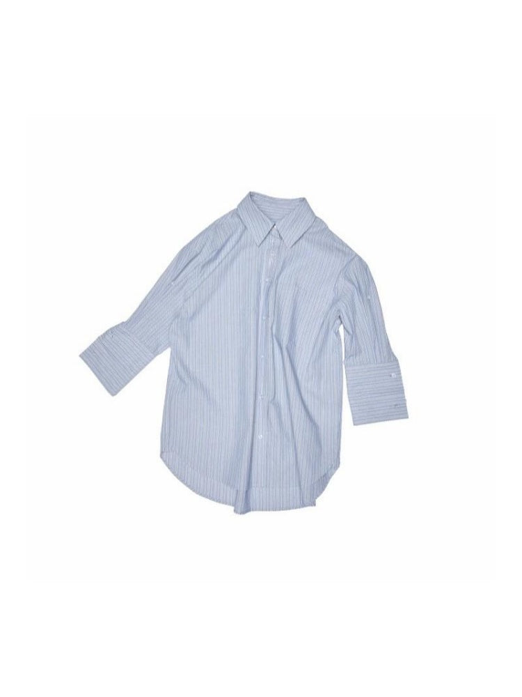 Middle Sleeve Loose Drop Shoulder Shirt/Bud Stripe Skirt【s0000012901】