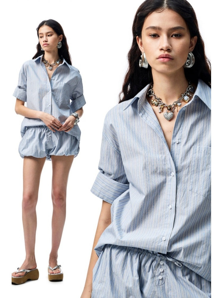 Middle Sleeve Loose Drop Shoulder Shirt/Bud Stripe Skirt【s0000012901】