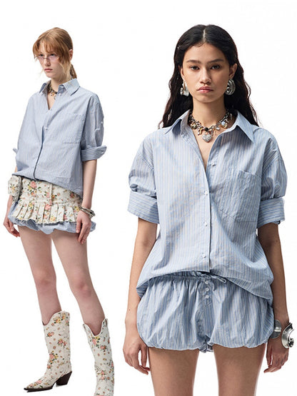 Middle Sleeve Loose Drop Shoulder Shirt/Bud Stripe Skirt【s0000012901】