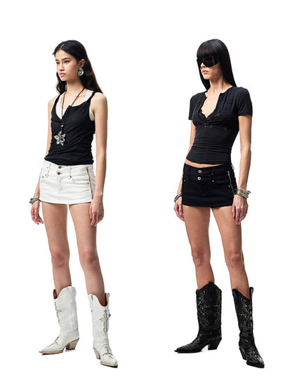 Double Waistband SideI Pull Detachable Denim Mini Pants【s0000012902】