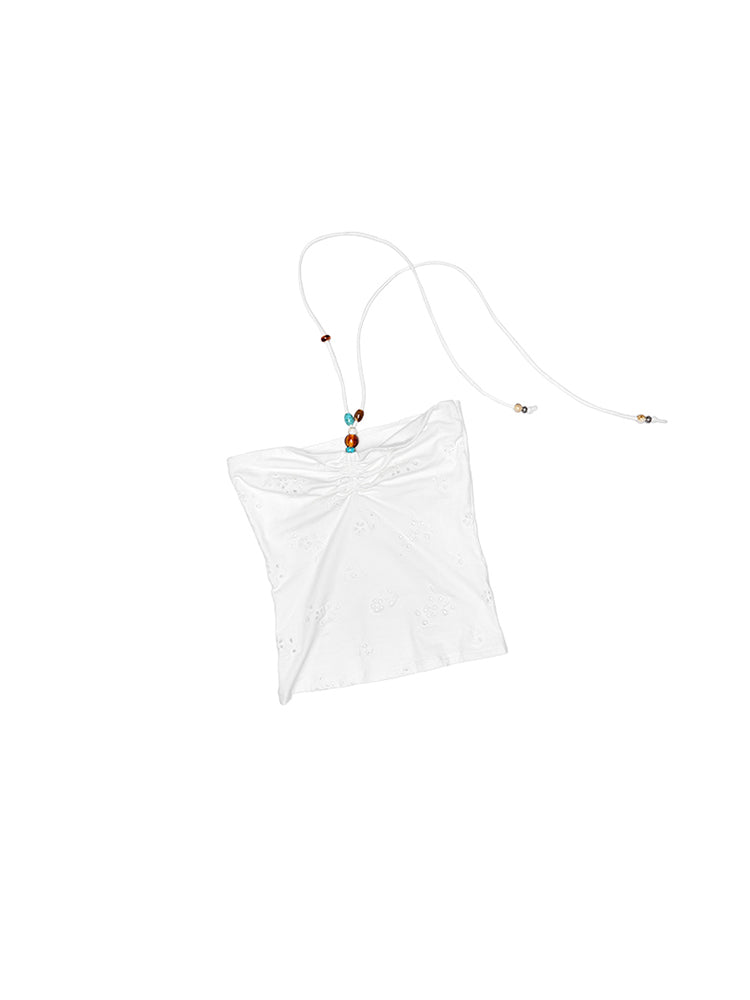 Cutout Jacquard Contrasting Beaded Strappy Knitted Halterneck Bandeau【s0000012905】