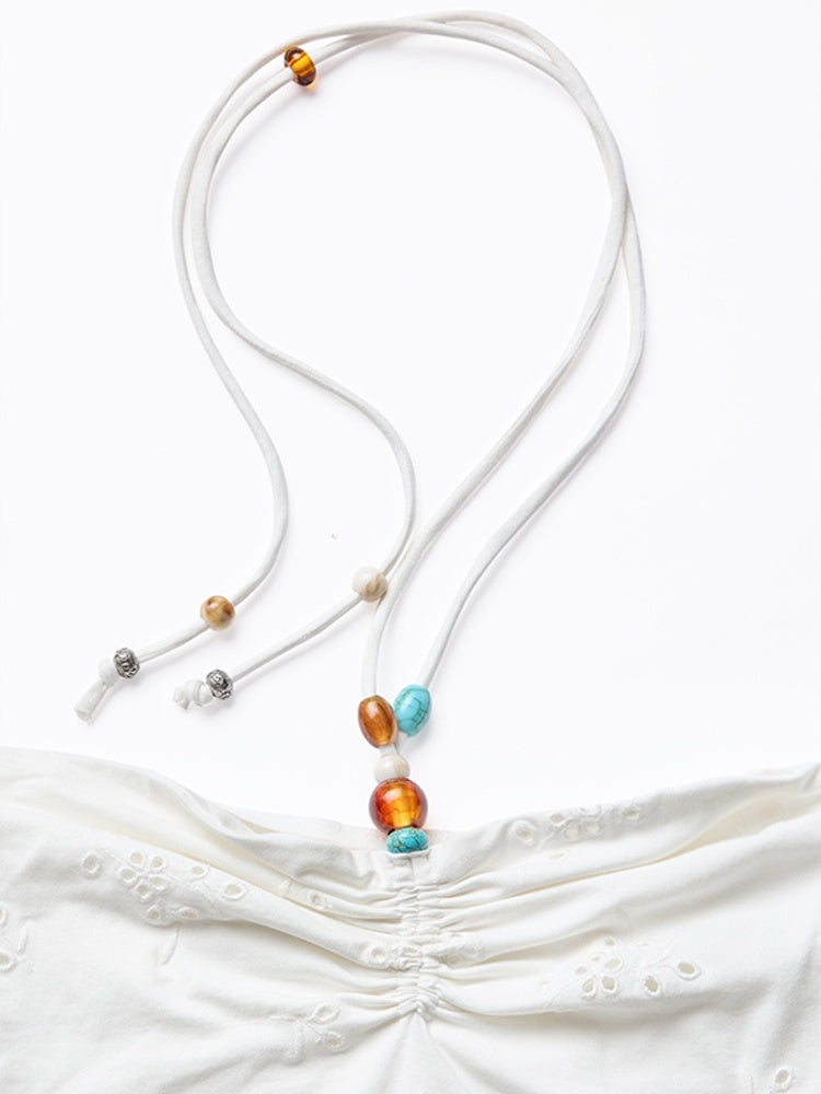 Cutout Jacquard Contrasting Beaded Strappy Knitted Halterneck Bandeau【s0000012905】