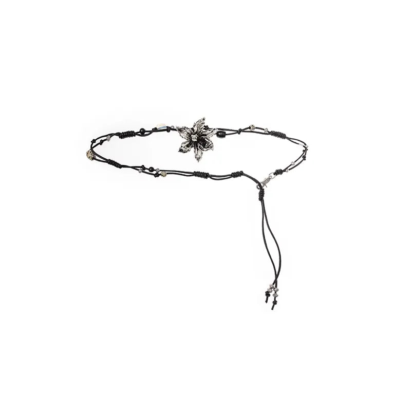 Metallic Flower Natural Stone Hand woven Leather Waist Chain【s0000012906】