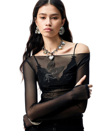 Floral Rhinestone Off Shoulder Cover Up Long Sleeve Tops【s0000012907】