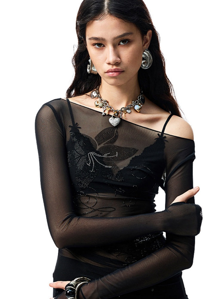 Floral Rhinestone Off Shoulder Cover Up Long Sleeve Tops【s0000012907】