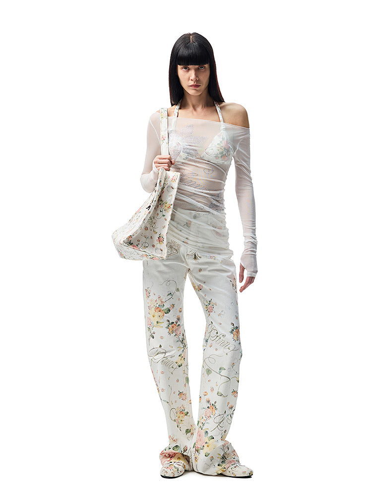 Floral Rhinestone Off Shoulder Cover Up Long Sleeve Tops【s0000012907】