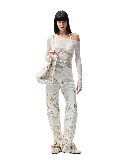 Floral Rhinestone Off Shoulder Cover Up Long Sleeve Tops【s0000012907】