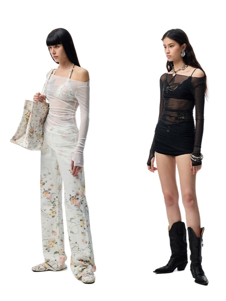 Floral Rhinestone Off Shoulder Cover Up Long Sleeve Tops【s0000012907】