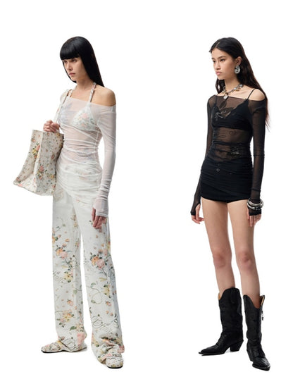 Floral Rhinestone Off Shoulder Cover Up Long Sleeve Tops【s0000012907】