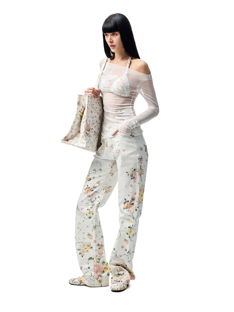 Floral Rhinestone Off Shoulder Cover Up Long Sleeve Tops【s0000012907】