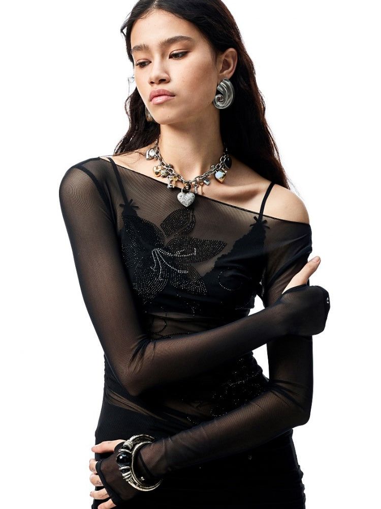Floral Rhinestone Off Shoulder Cover Up Long Sleeve Tops【s0000012907】
