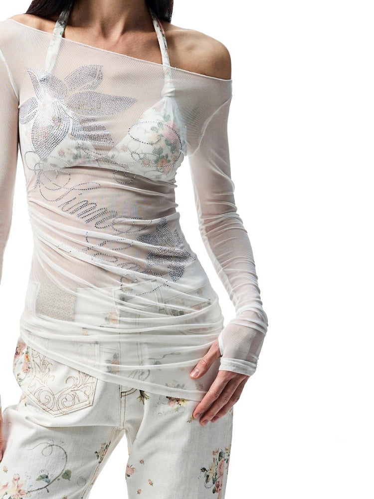 Floral Rhinestone Off Shoulder Cover Up Long Sleeve Tops【s0000012907】
