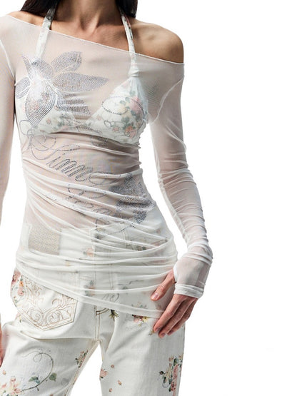 Floral Rhinestone Off Shoulder Cover Up Long Sleeve Tops【s0000012907】