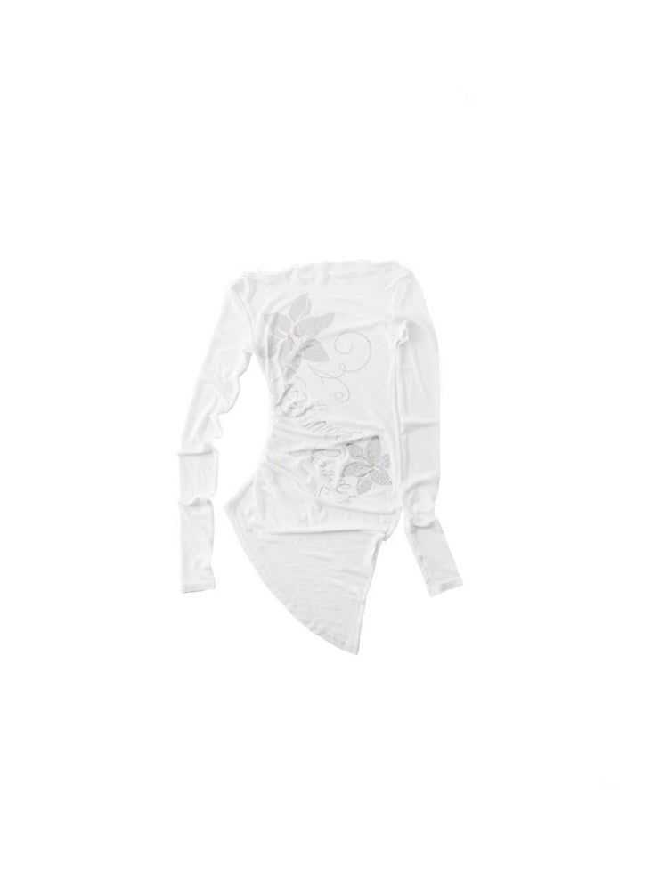 Floral Rhinestone Off Shoulder Cover Up Long Sleeve Tops【s0000012907】