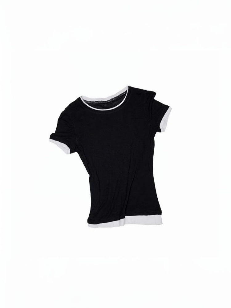 Faux Two Piece Color Blocking Slightly Sheer Short Sleeve T-Shirt 【s0000012890】