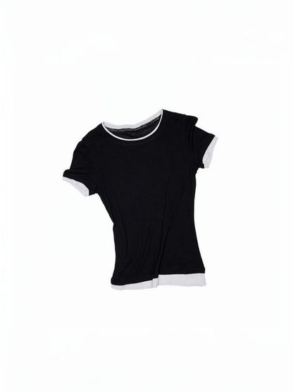 Faux Two Piece Color Blocking Slightly Sheer Short Sleeve T-Shirt 【s0000012890】