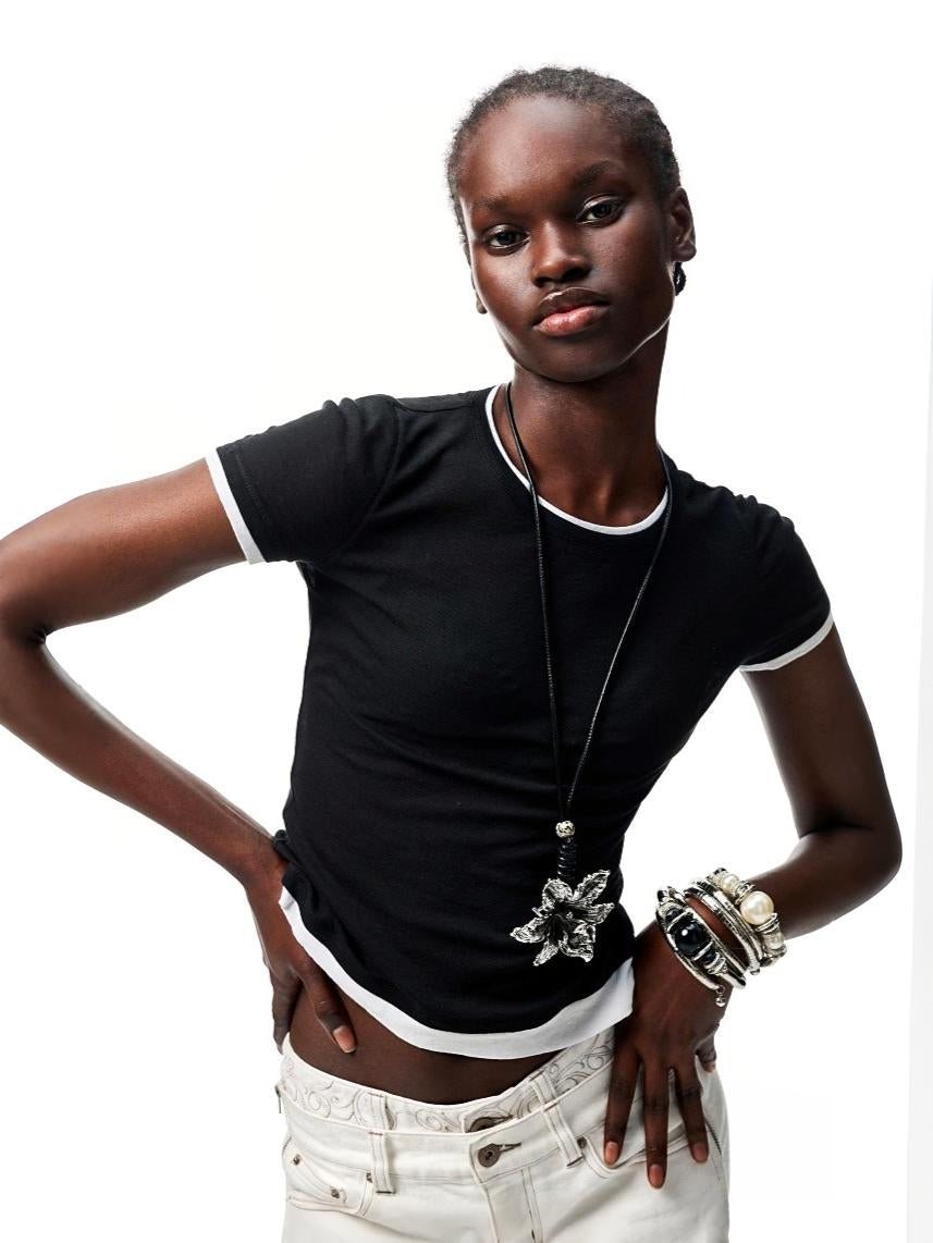 Faux Two Piece Color Blocking Slightly Sheer Short Sleeve T-Shirt 【s0000012890】